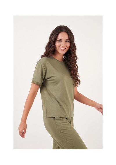 Lela Yumuşak Dokulu Bisiklet Yaka Lastikli Bel Kısa Kollu Pijama Takımı Bayan Pijama Takımı 65720102 Haki