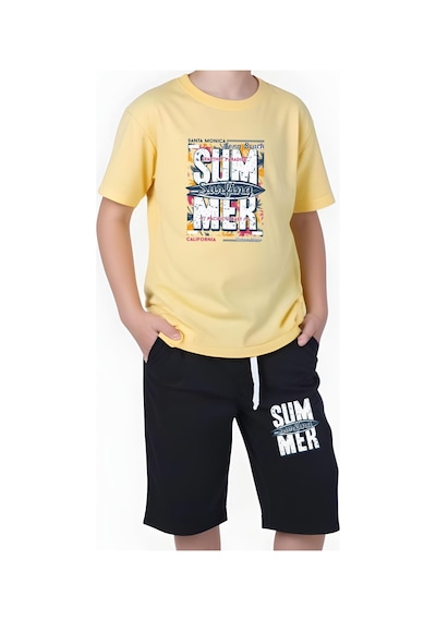 Summer Baskılı Erkek Çocuk Çift Cepli Kapri Alt-üst Takım Turuncu