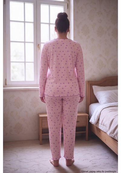 Seboteks Fitilli Kaşkorse Kumaş Uzun Kollu Büyük Beden Kadın Pijama Takımı 2990 Pembe