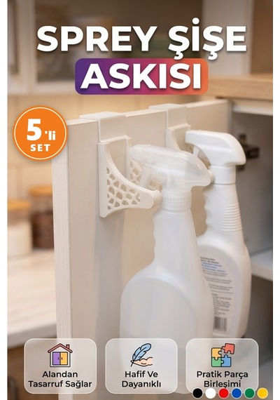 Sprey Şişe Askısı Duvar Tipi Temizlik Şişesi Tutucu Düzenleyici 5'li Set beyaz