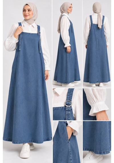 Bul-al Kadın Denim Jile Elbise Tokalı Askılı Uzun Jean Elbise Mavi
