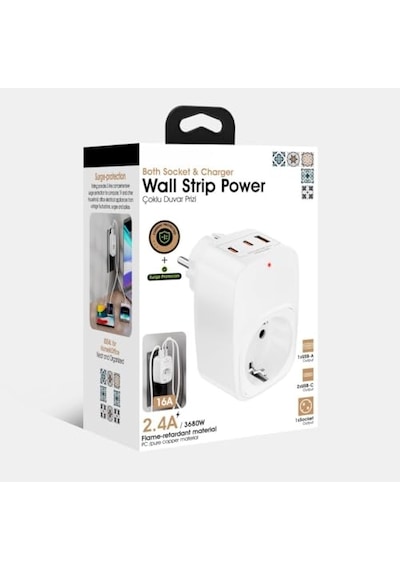 Akım Korumalı Priz 1x Priz, 2x Type-c, 1x Usb Port Çıkışlı Tekli Beyaz Genel