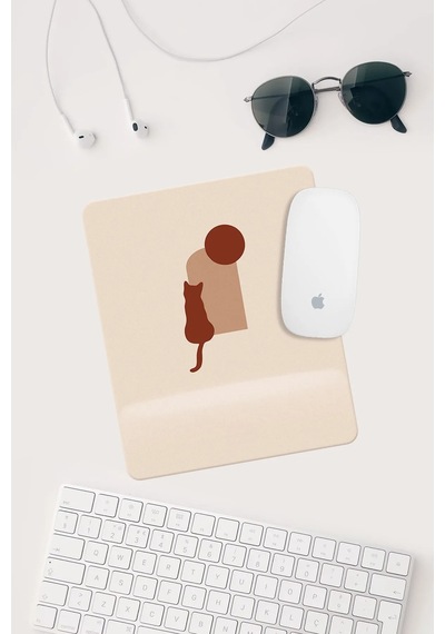 Minimal Kedi Çizimli Bilek Destekli Dikdörtgen Mouse Pad Mouse Altlığı. Mousepad
