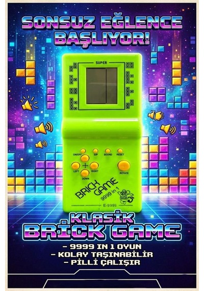 Pilli Sesli 9 Butonlu 9999 İn 1 Renkli Nostaljik Tetris Eğitici Ve Eğlenceli Oyuncak El Konsolu Yeşil