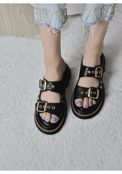 Asmi Shoes Kadın Çift Bant Kapsül Detaylı Kalın Taban Ortopedik Terlik Siyah Siyah