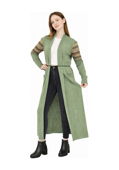 Onno Style Woman Standart Beden Kilim Desenli Uzun Triko Ceket Yeşil