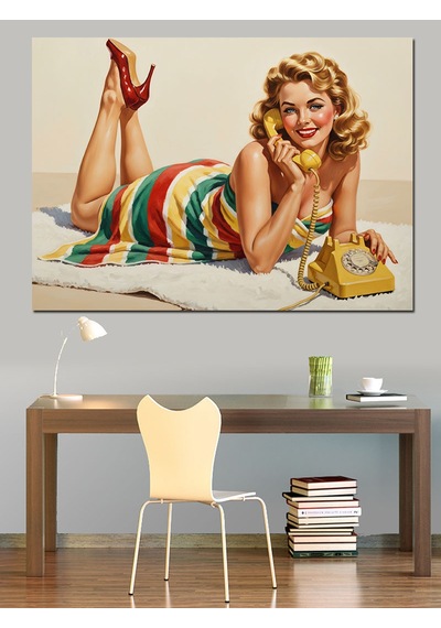 Retro Pin-up Çizgili Elbiseli Kadın Telefonla Konuşuyor Dekoratif Kanvas - Mdf Ahşap Tablo