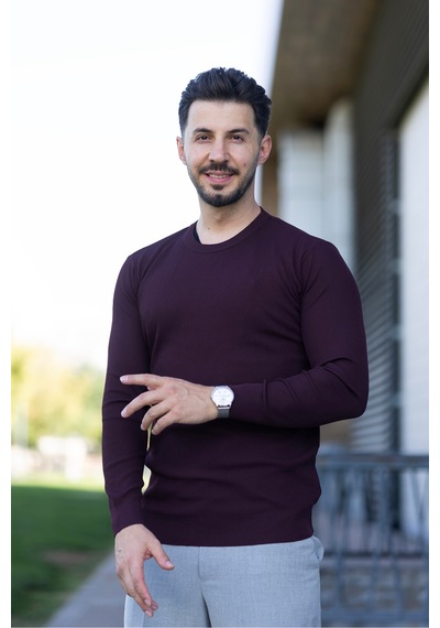 Hk Premium Erkek Fitilli Slim Fit Bisiklet Yaka Triko Kazak Bordo