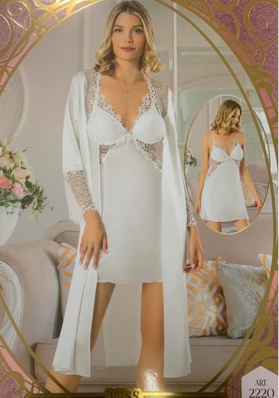 Carmella 2220 İpek Saten 2Li Gecelik Sabahlık Takım Ekru/Bordo