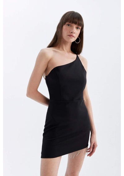 DeFacto Bodycon Vücudu Saran Tek Omuzlu Kolsuz Mini Abiye Elbise D3272AXNSBK27