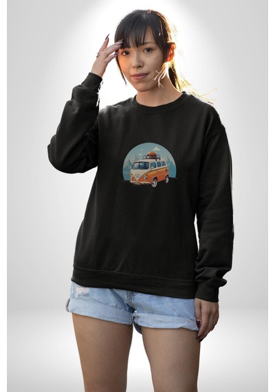 Wolkswagen Karavan Kış Gezisi Unisex Siyah Baskılı Sweatshirt Siyah