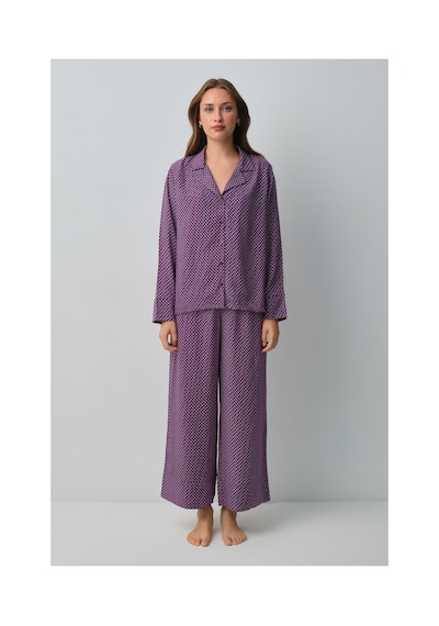 Suwen Vera Gömlek Yaka Pijama Takımı Wsh10510102662 Bordo Desenli
