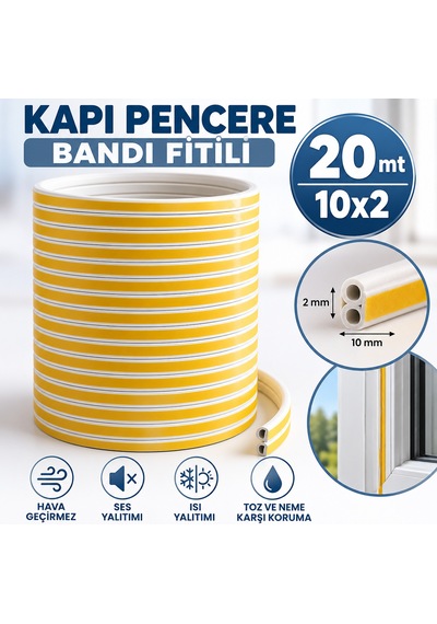 Yapışkanlı Bant10x2 20 Metre Beyaz Kapı Pencere Bandı Fitili Soğuk Izolasyon Kauçuk Bantları 20 M