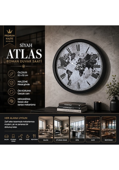 Siyah Atlas Roman 52 X 52 Cm Roman Duvar Saati