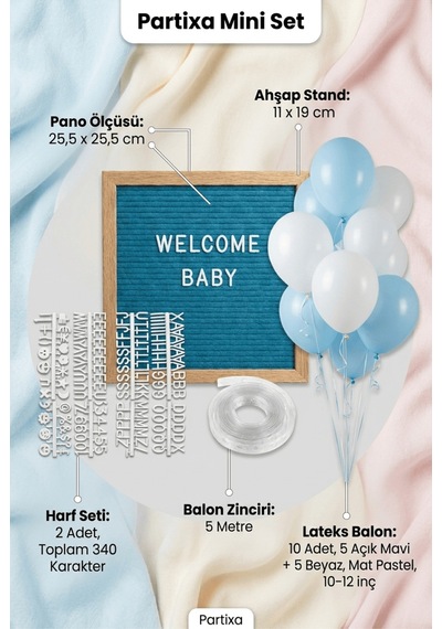 Hastane Odası Süsleme Hoş Geldin Bebek İlk Gün Mini Set Erkek Mavi Keçe Yazı Panosu Standlı Balon Zincirli