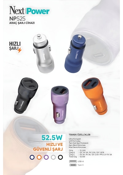 Next Power 52.5w Araç İçi Hızlı Şarj Aleti Type-c + Usb Güç Adaptörü Oto Çakmaklık - Mavi