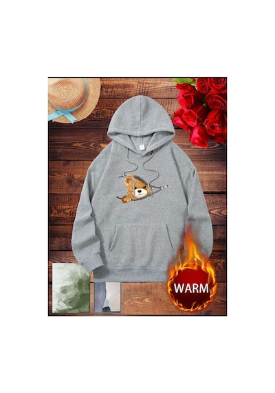 Medinenur Fermuar Desenli Kedili Kapüşonlu Oversize Sweatshirt Gri