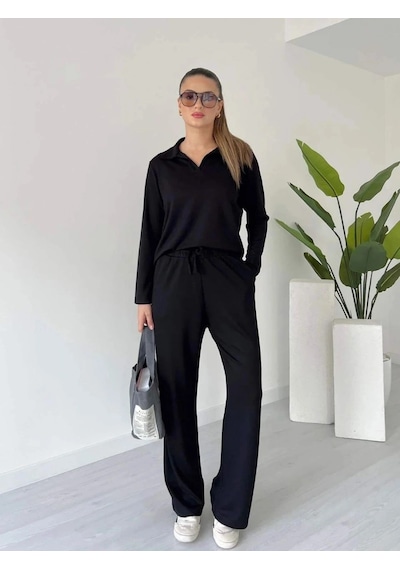 Defymoda Polo Yaka Alt Üst Kollu Modal Takım Siyah Pt Siyah