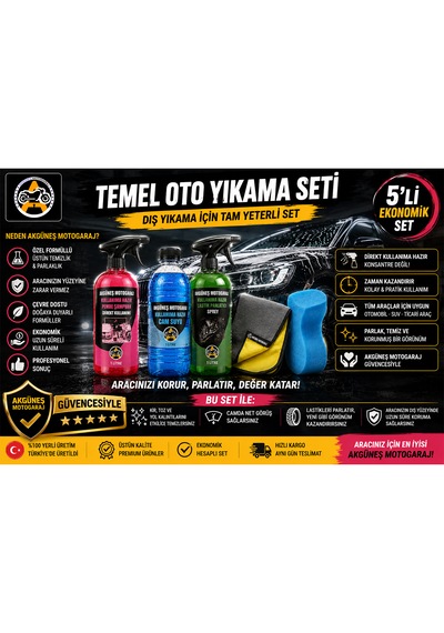 Akgüneş Motogaraj Temel Oto Yıkama Seti 5'li 1 Lt Kullanıma Hazır Pembe Araç Şampuanı + 1 Lt Cam Suyu + 1 Lt Lastik Parlatıcı + Mikrofiber Bez + Sünger Yerli Üretim Ekonomik Araç Bakım Seti