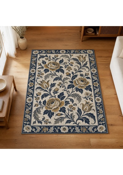 Kartela Halı Vintage Çiçek Bordürlü Halı Lacivert Kaymaz Taban Makinede Yıkanabilir 100x150 Cm