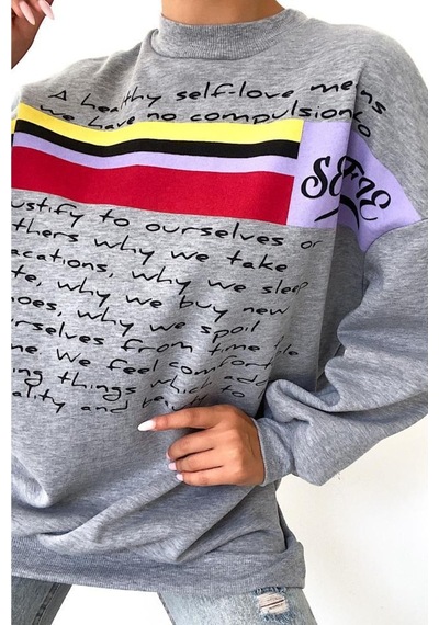 Femelle Yeni Sezon Selfie Baskılı Pamuklu Oversize Sweatshirt Gri