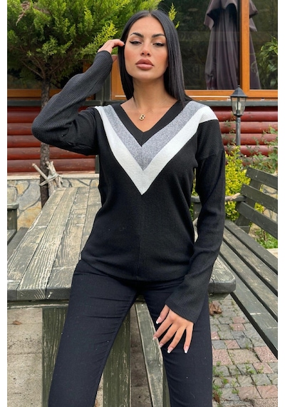 WeShaya Kadın Siyah Uzun Kollu V Yaka Color Block Pamuklu Bluz Sweatshirt Siyah