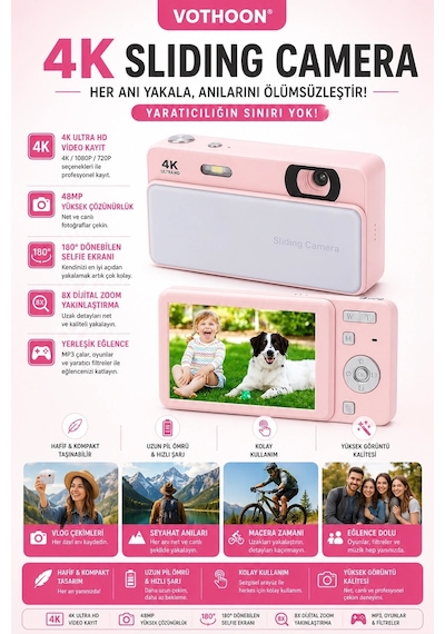 Dijital Kamera 4k Hd 48mp 16x Zoom Flaşlı Kayar Retro Video Kamera 2.8 Ekran 64gb Sd Kart li 16808217