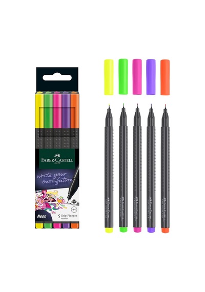 Lexroo Grip Finepen İnce Keçe Uçlu Kalem Seti, 5 Li, Neon Renkler, 0.4 Mm, Metal Destekli