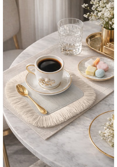 Zarif Şık Saçaklı Dekoratif Kumaş Peçete - İnce Motif Minimal Bohem Bej Bardak Altlığı Mendil Çok Renkli