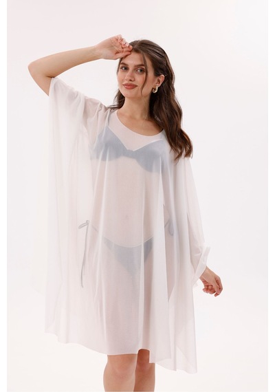 Tarzını Seç Kısa Kimono Pareo - Tesettür Pareo - Esnek Likralı Tül Beyaz 180x135 Cm Çok Renkli