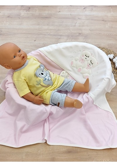 %100 Pamuklu & Mevsimlik Bebek Battaniyesi - Kahverengi & Ayıcık Nakışlı Bebek Örtüsü 80x90 Cm Pembe