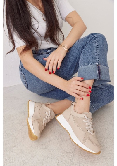 Sara Bej Hakiki Deri Bağcıklı Kadın Sneaker-Bej