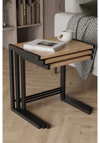 Bronte 3 Lü Zigon Sehpa, Metal Zigon Sehpa Atlantik Çam