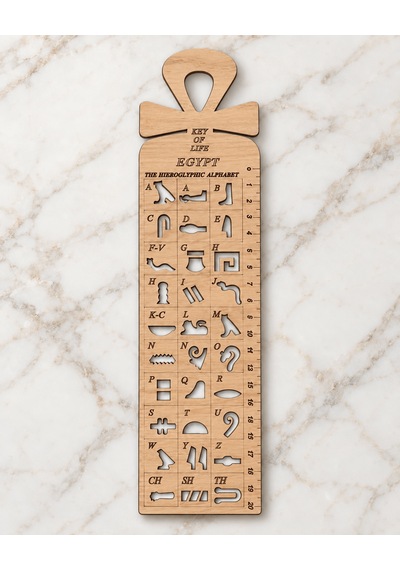 Antik Mısır Hiyeroglif Harf Oymalı Cetvel Kitap Ayracı - Açık Doğal Ahşap Key Of Life Krem Rengi