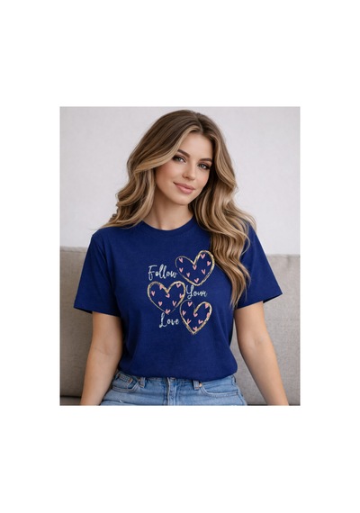Herkesemoda Follow You Love Baskı Detaylı Kadın Bisiklet Yaka Pamuklu T-shirt Lacivert