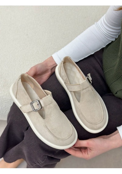 Erva'nın Butiği Bej Süet Olivia Toka Detaylı Kadın Loafer-6000