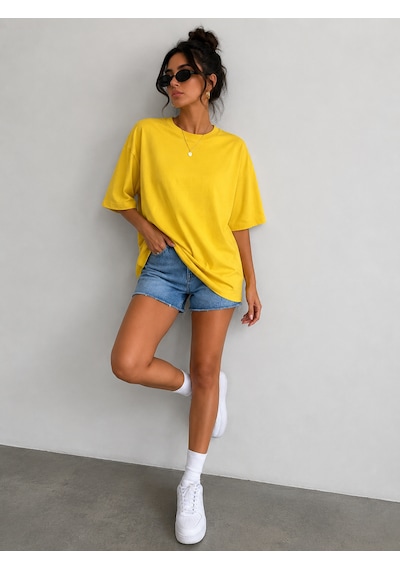 Polymood Kadın Oversize %100 Organik Pamuk Yakası Ribanalı T-shirt Sarı