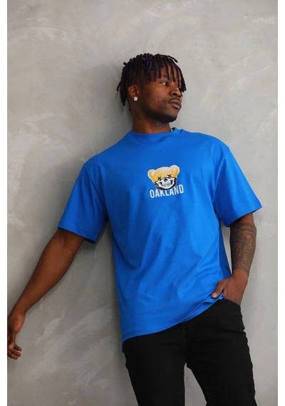 Erkek Baskılı T-shirt Kısa Kol Bisiklet Yaka Rahat Kalıp Tişört - Mavi Mavi