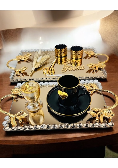Amour Gold Lüks Swarovski Söz Nişan Tepsisi Krem Krem