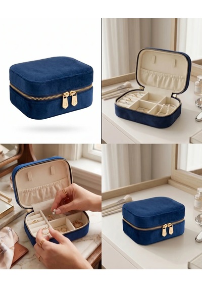 Takı Kutusu Düzenleyici Seyahat Çantası Kolye Yüzük Küpe Organizer Kadife Lacivert 12cmx8cm