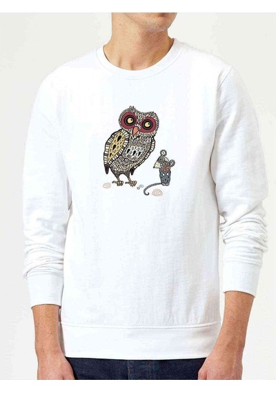 Baykuş Ve Fare Baskılı Beyaz Erkek Örme Sweatshirt (534641090)