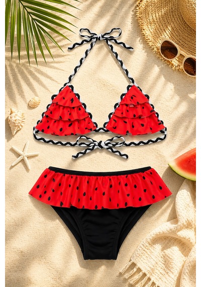 Beniizle Puan Desenli Kız Çocuk Bikini Takımı Kırmızı