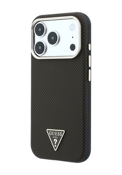 Apple iPhone Uyumlu 18 Pro Kılıf Guess Lisanslı M-safeli Pu Metal Üçgen Logolu Karbon Fiber Kevlar Kahverengi