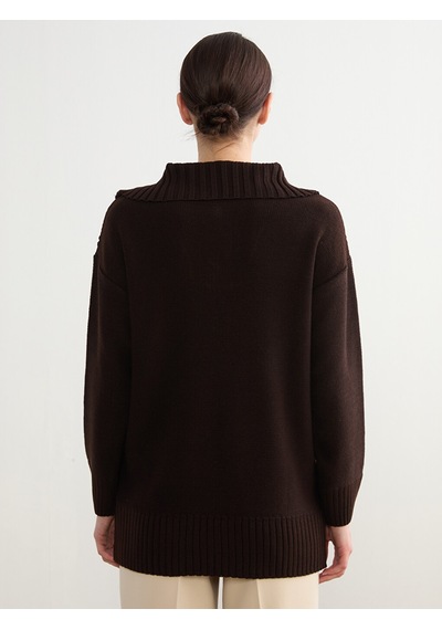 Lcw Modest Kahverengi Polo Yaka Baklava Desenli Kadın Triko Tunik