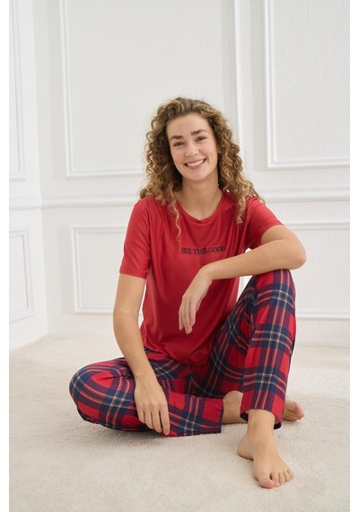 Kompedan Kadın Ekose Desenli Bisiklet Yaka Pijama Takım Kırmızı 30102-598 Kırmızı
