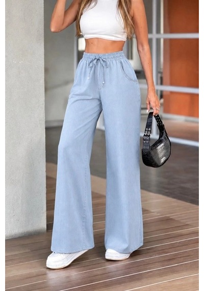 Defymoda Kadın Yüksek Bel Lastikli Bağcıklı Kot Pantolon Mavi