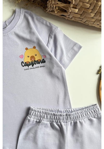 C & O Kız Çocuk Capybara Baskılı Yazlık Tişört Ve Şort Takım Lila