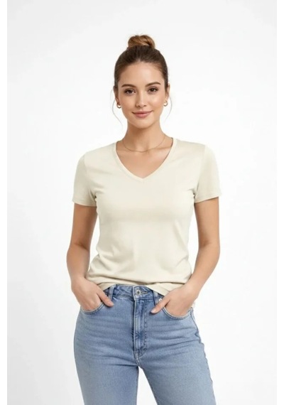 Butik İstanbul T-shirt V Yaka Slim Fit Likralı Tişört Günlük Basic Body - Taş Butik İstanbul T-shirt V Yaka Slim Fit Likralı Tişört Günlük Basic Body - Taş