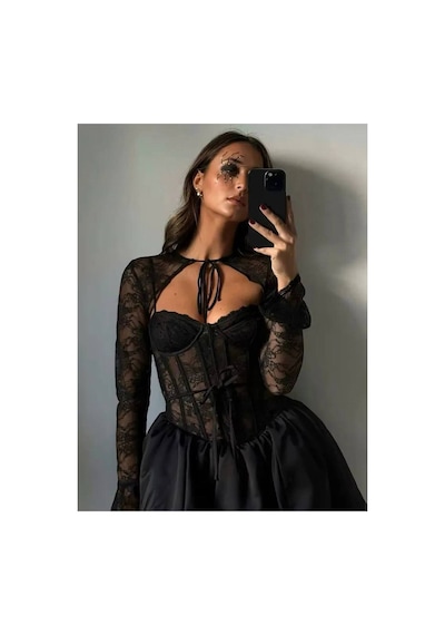 Wellway Beauty Tafta Ve Dantel Kumaş İçi Astarlı Bolero Ve Mini Balon Etek İkili Takım-6114 Siyah