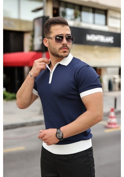 Veraura Lifestyle Erkek Yaka Ve Kol Detaylı Fermuar Yakalı Çizgi Desen Kısa Kollu Triko Tişört Lacivert
